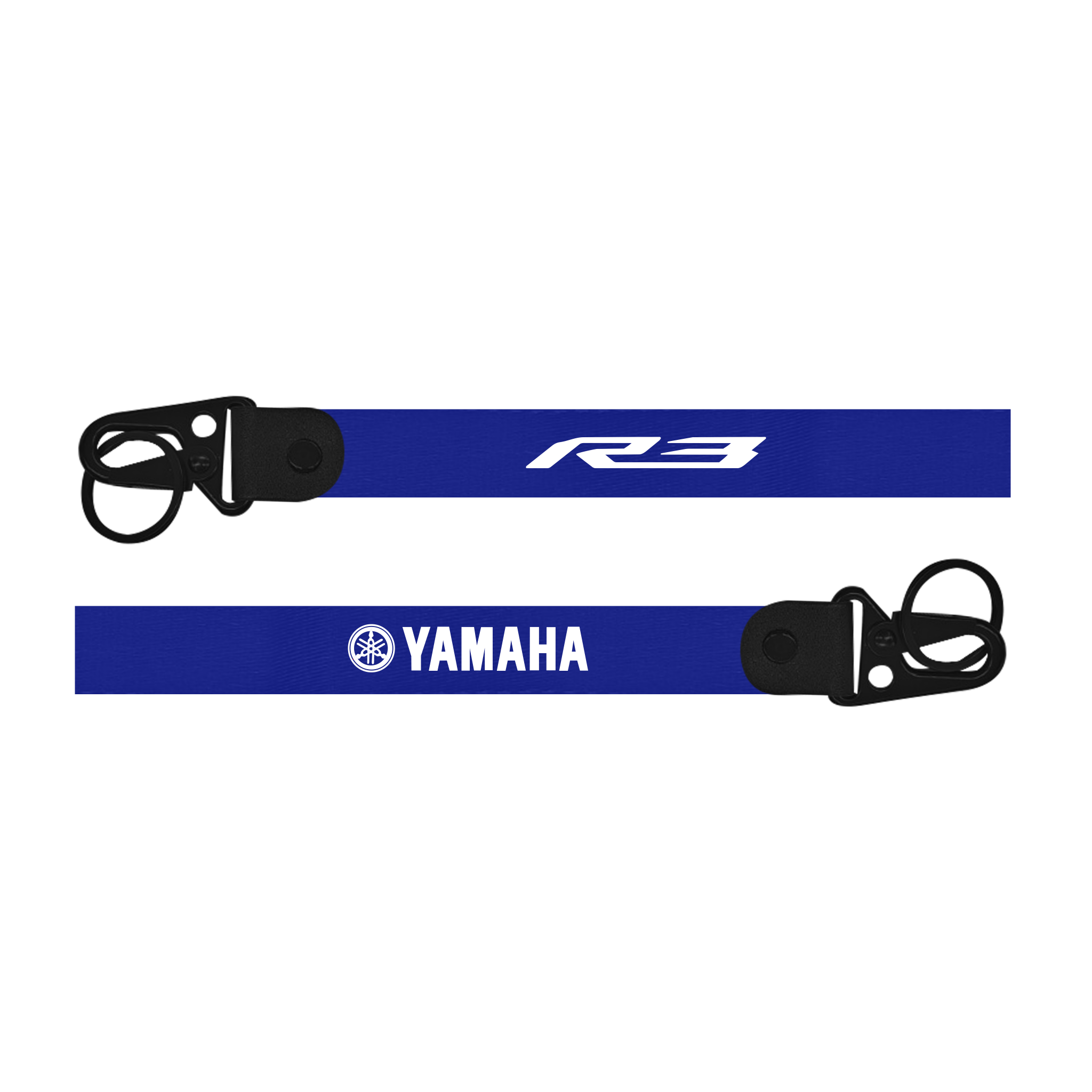 Two blue lanyards with 'R3' and 'Yamaha' branding on a white background