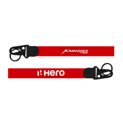 Two red lanyards with 'Karizma' and 'Hero' branding on a white background