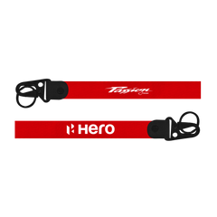 Two red straps with black buckles and logos on a white background