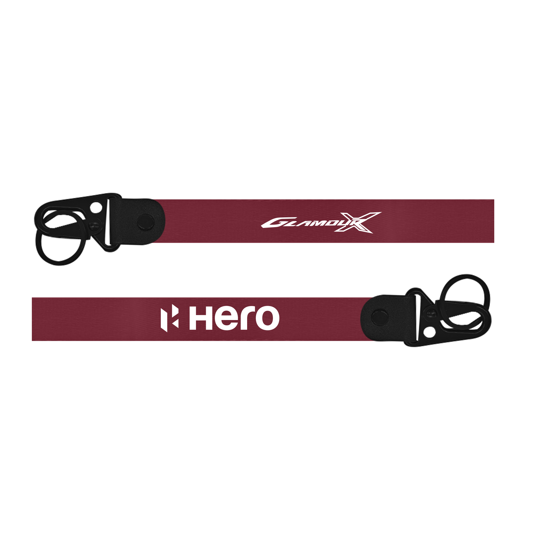 Two maroon lanyards with 'GlamorX' and 'Hero' branding on a white background