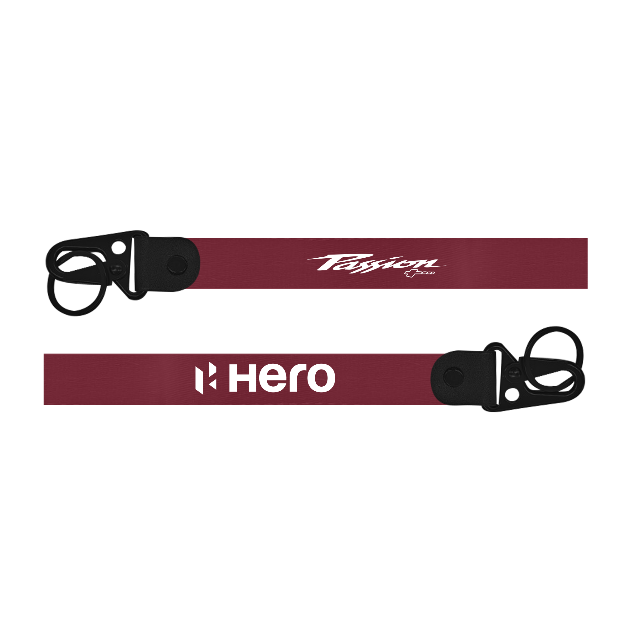 Two maroon lanyards with black ends and logos on a white background