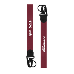 Two red lanyards with black hooks, featuring 'TVS' and 'NTORQ 150' branding on a white background.