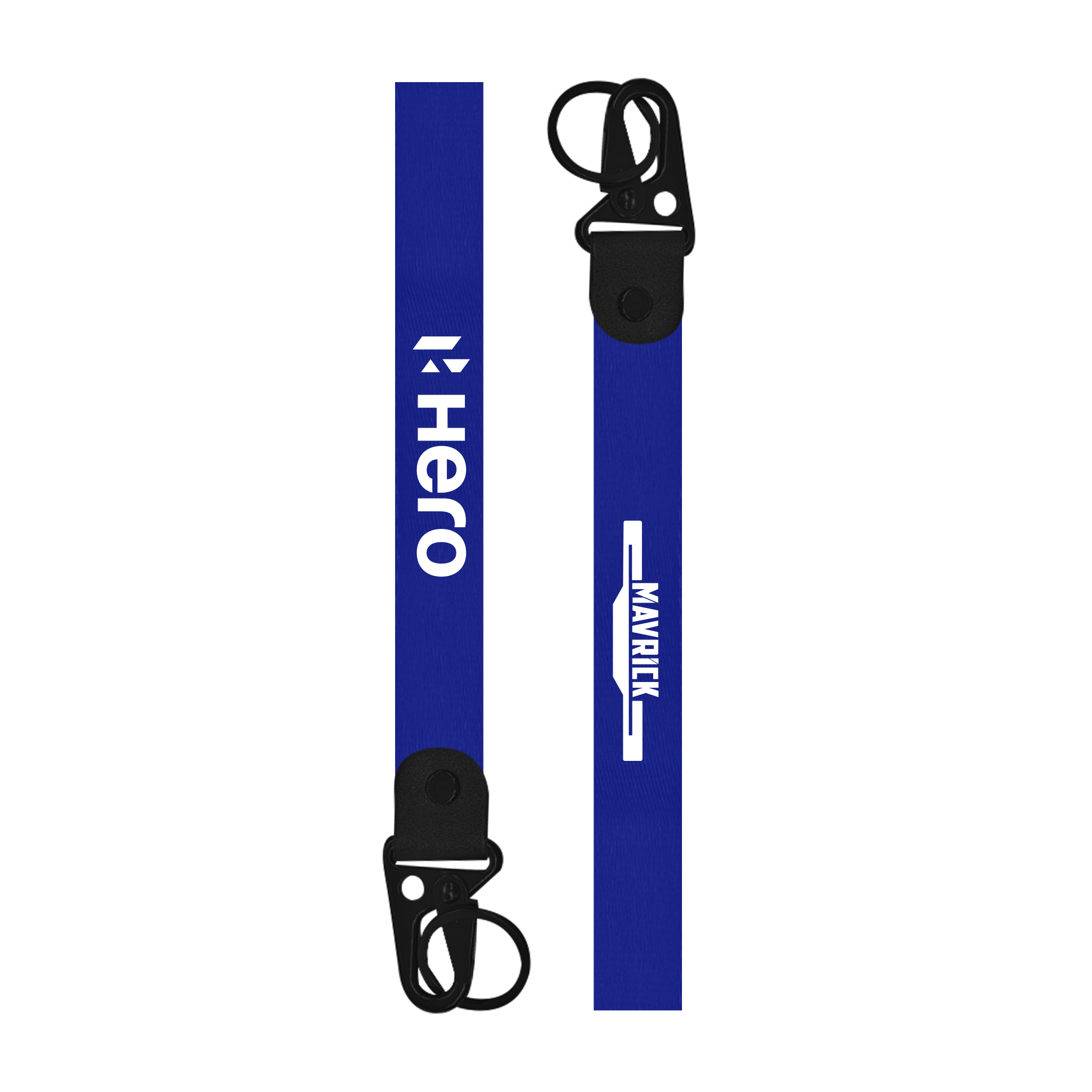 Blue lanyard with 'Hero' and 'Maverick' branding on a white background