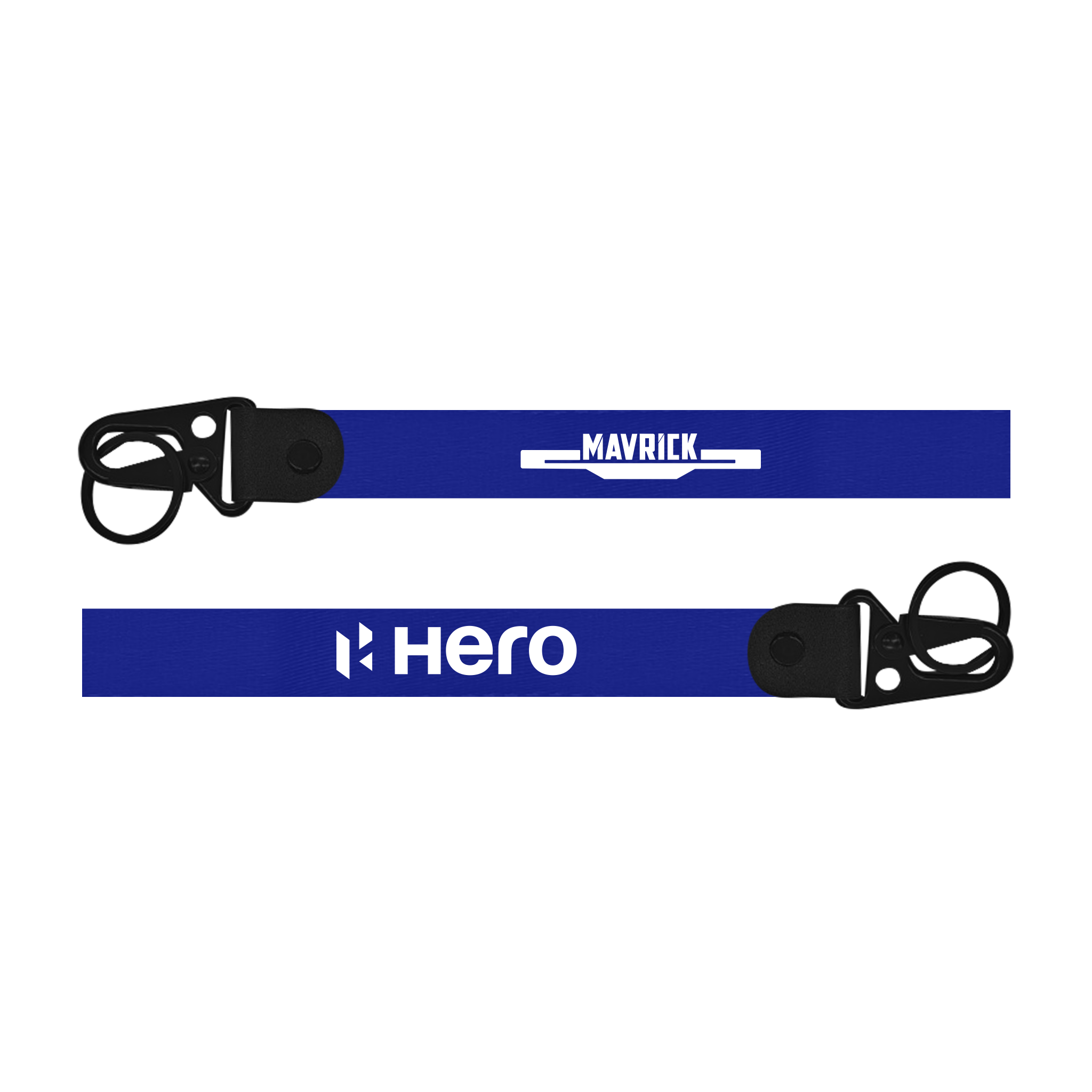 Two blue lanyards with 'Maverick' and 'Hero' branding on a white background