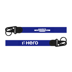 Two blue lanyards with 'Maverick' and 'Hero' branding on a white background