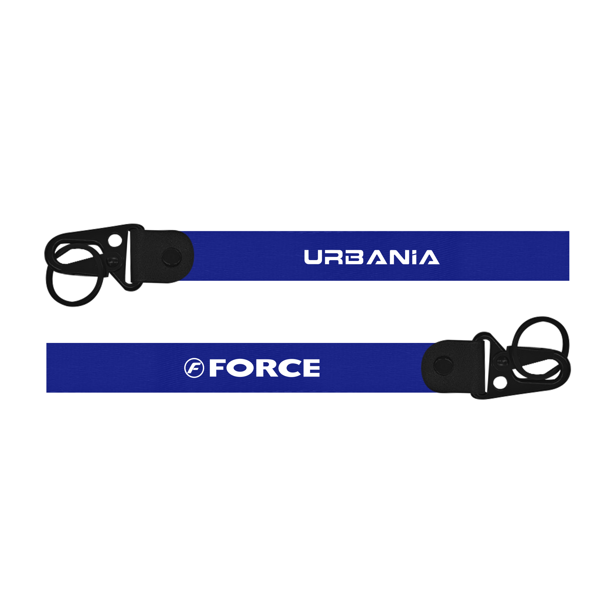 Two blue lanyards with 'Urbania' and 'Force' branding on a white background