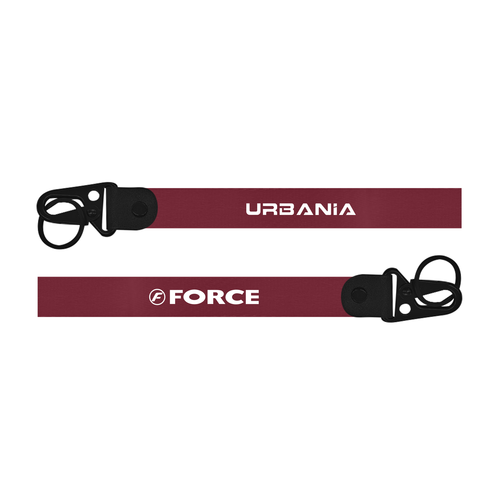 Two red lanyards with 'Urbania' and 'Force' branding on a white background