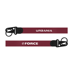 Two red lanyards with 'Urbania' and 'Force' branding on a white background