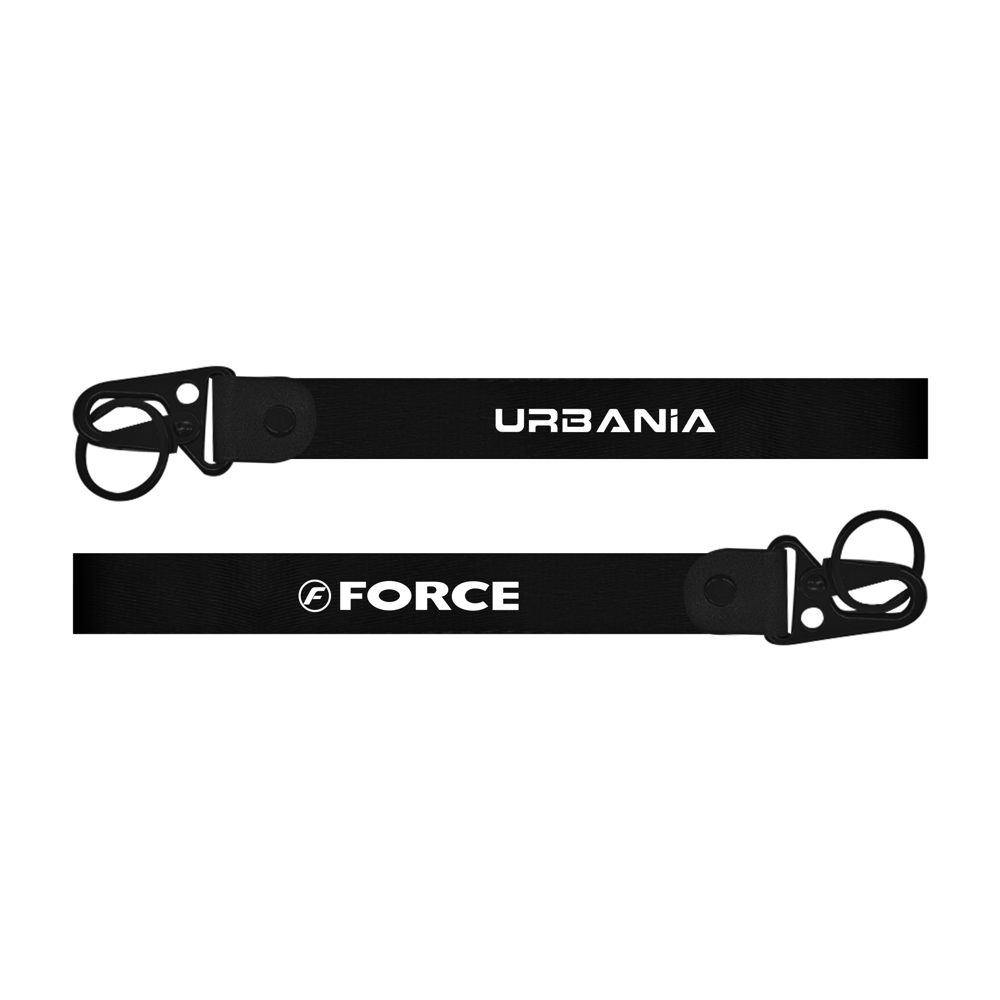 Two black lanyards with 'Urbania' and 'Force' branding on a white background