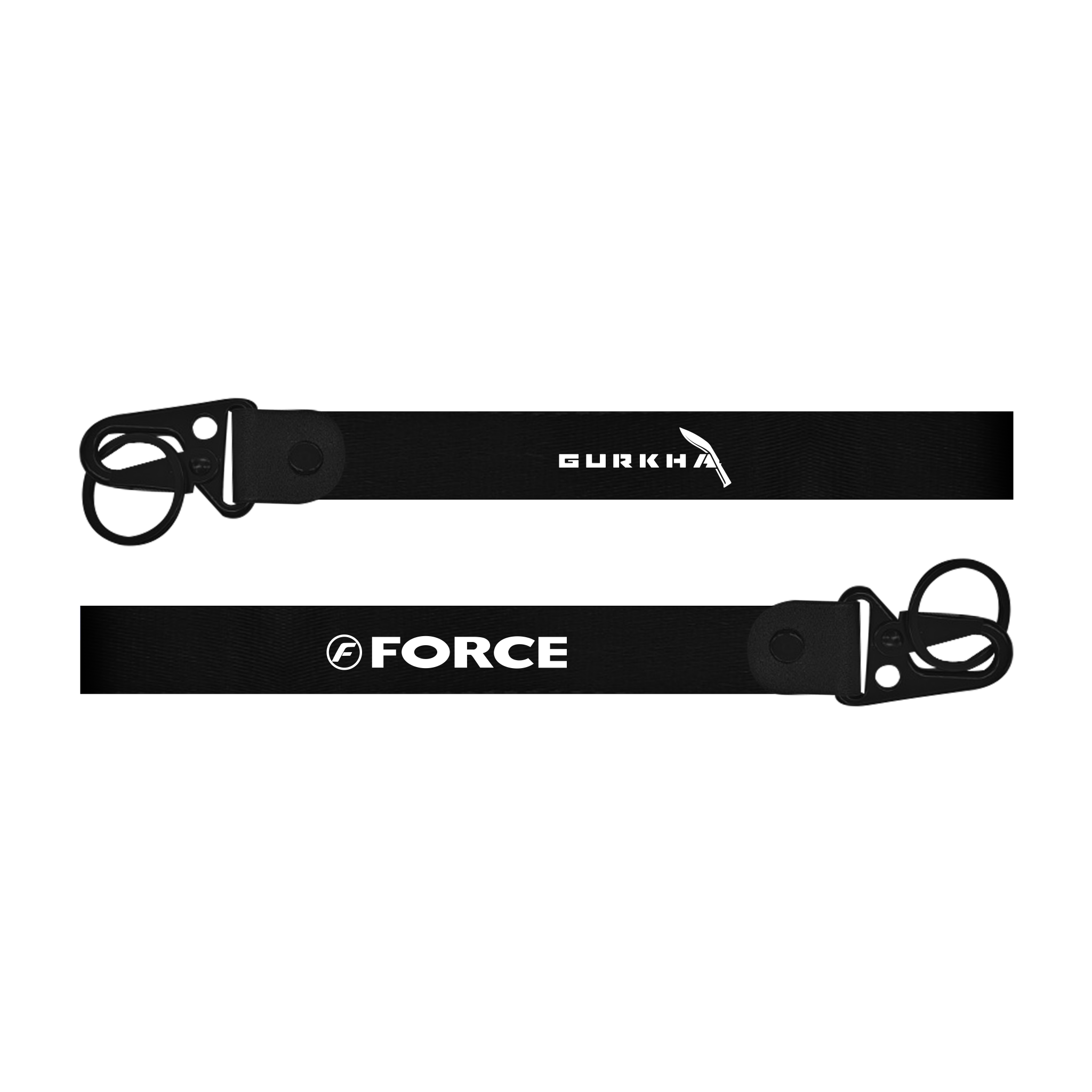 Two black belts with 'Gurkha' and 'Force' branding on a white background