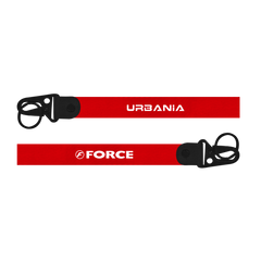 Two red lanyards with 'Urbania' and 'Force' branding on a white background