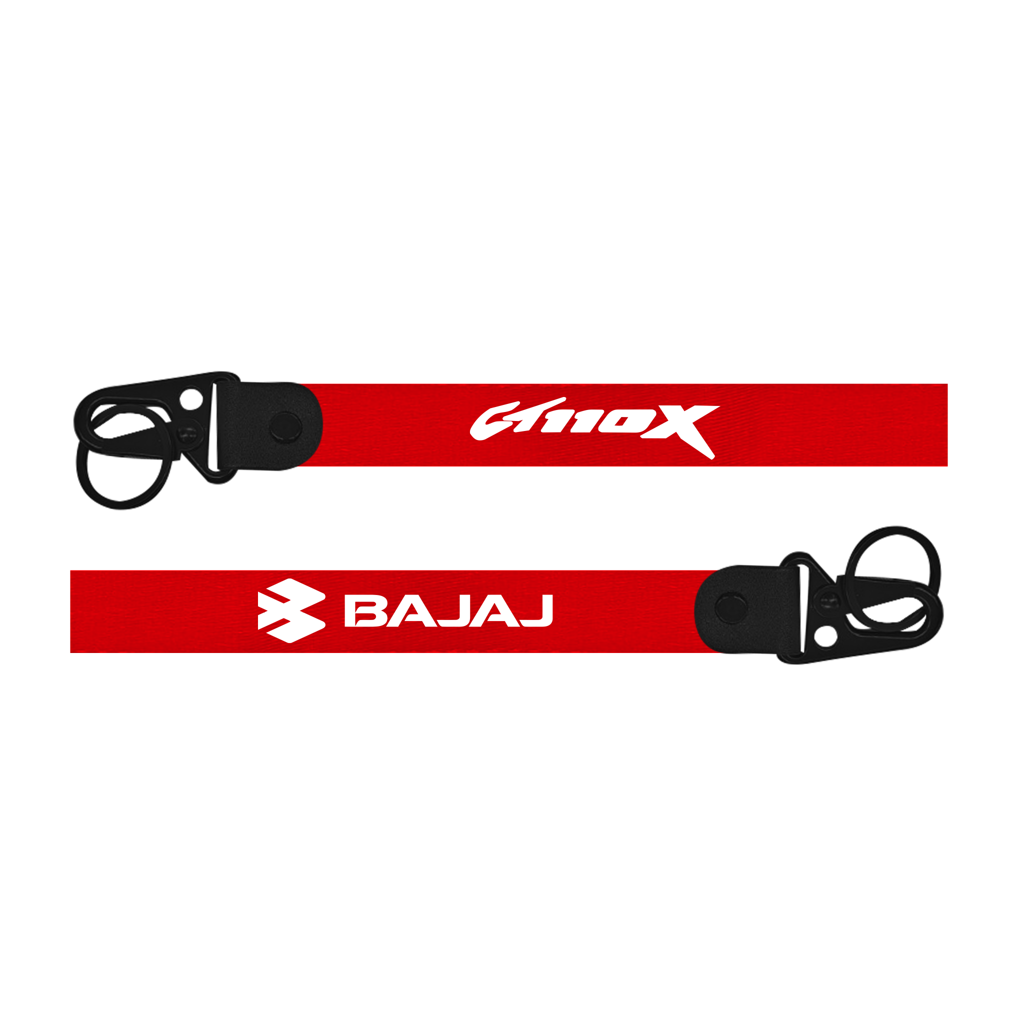 Red lanyard with Amiox and Bajaj logos on a white background