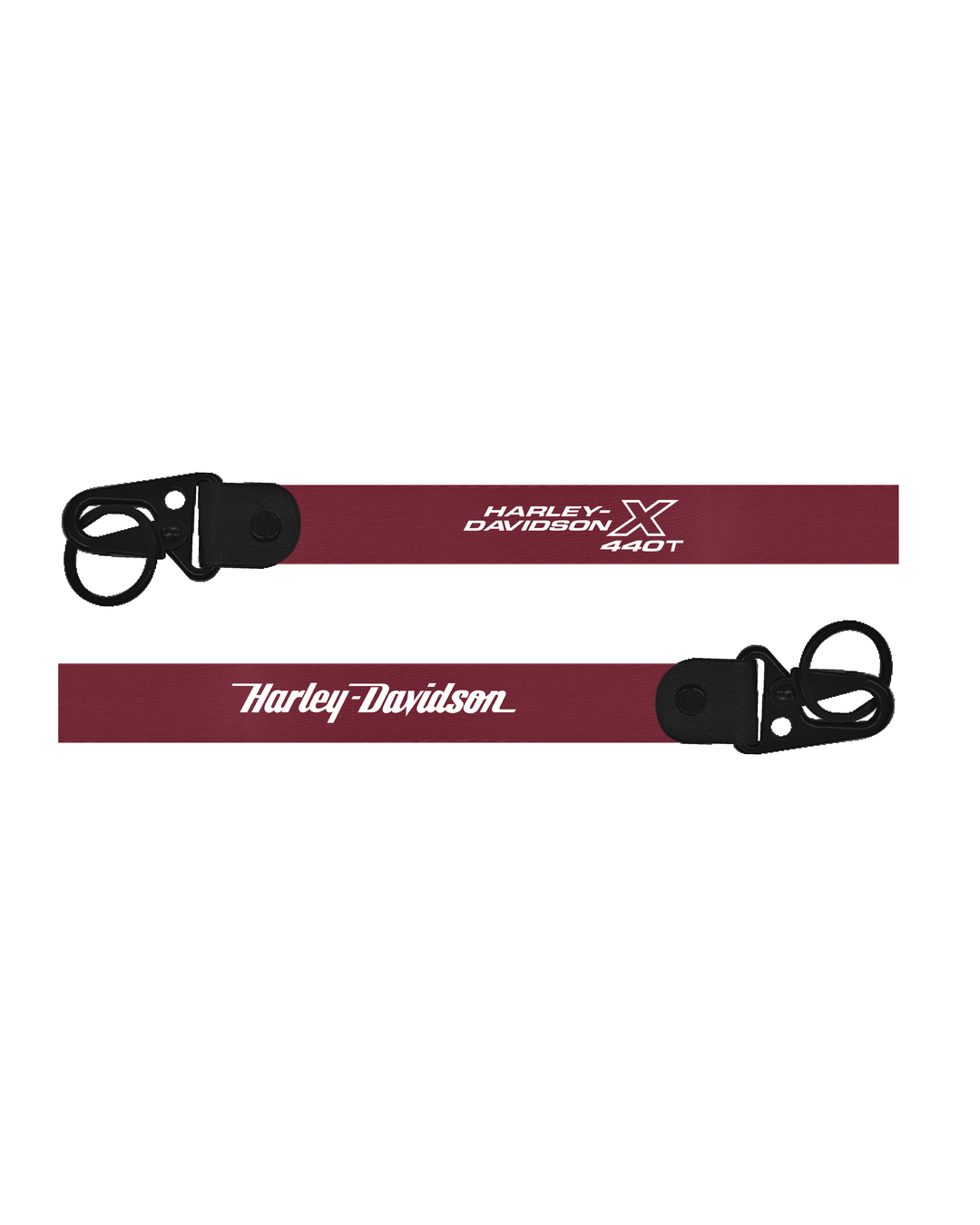 Two red lanyards with black clasps and 'Harley Davidson' branding on a white background.