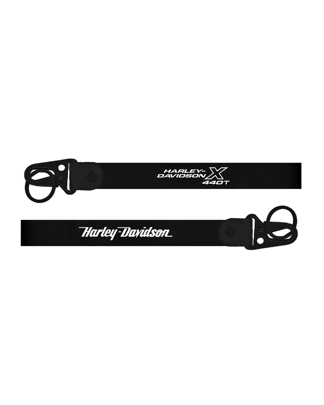 Two black Harley Davidson belts on a white background