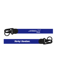 Two blue Harley Davidson lanyards with black clasps on a white background