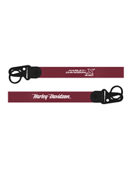 Two red lanyards with black clasps and 'Harley Davidson' branding on a white background.