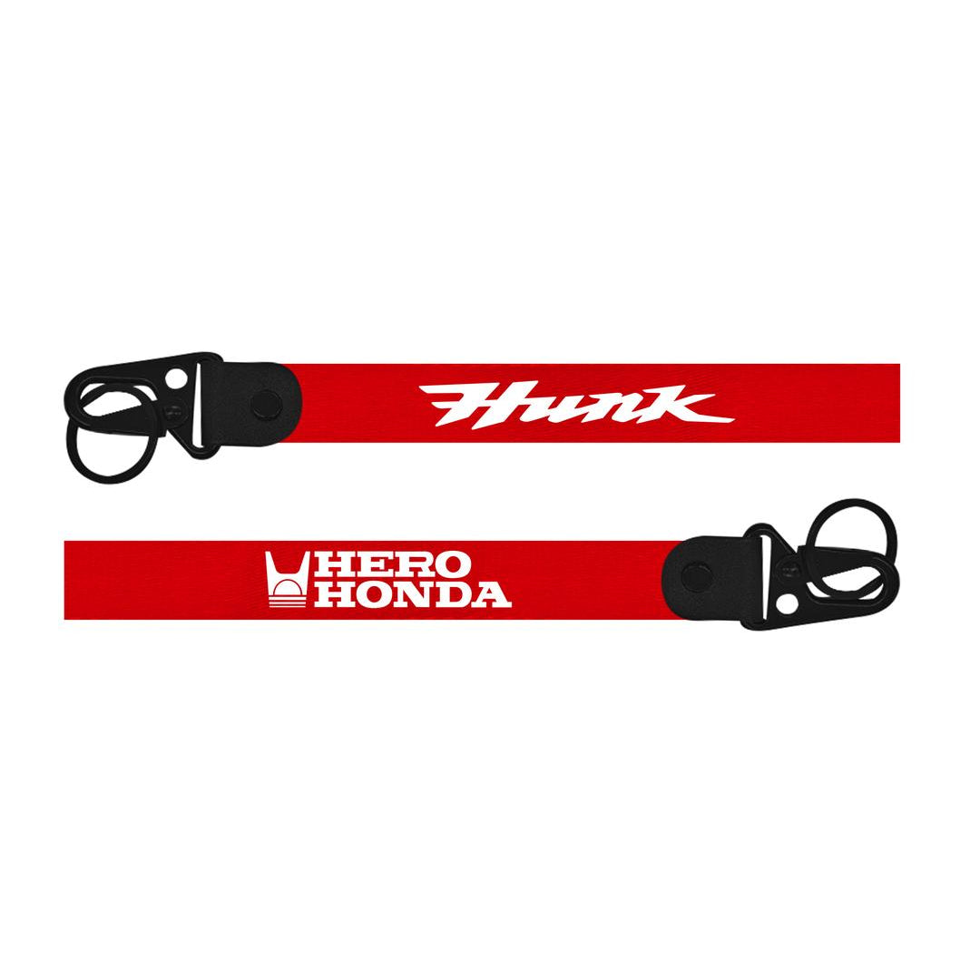 Hero Honda Hunk Keychain Red lanyard with black hooks featuring 'Hunk' and 'Hero Honda' logos on a white background.
