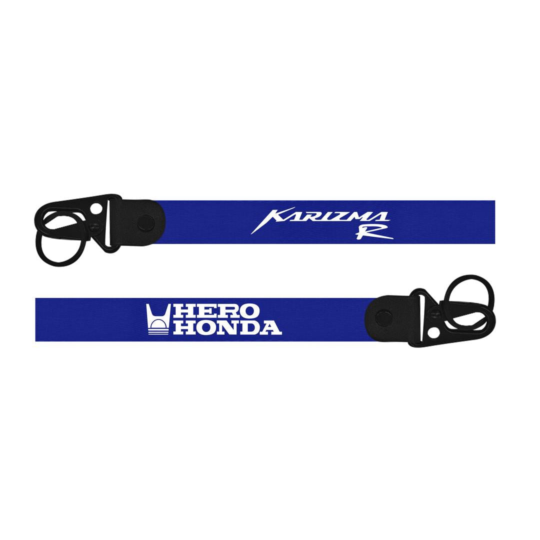 Hero Honda Karizma R Keychain Two blue lanyards with black hooks, one labeled 'Karizma' and the other 'Hero Honda', on a white background.