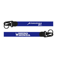 Hero Honda Karizma R Keychain Two blue lanyards with black hooks, one labeled 'Karizma' and the other 'Hero Honda', on a white background.