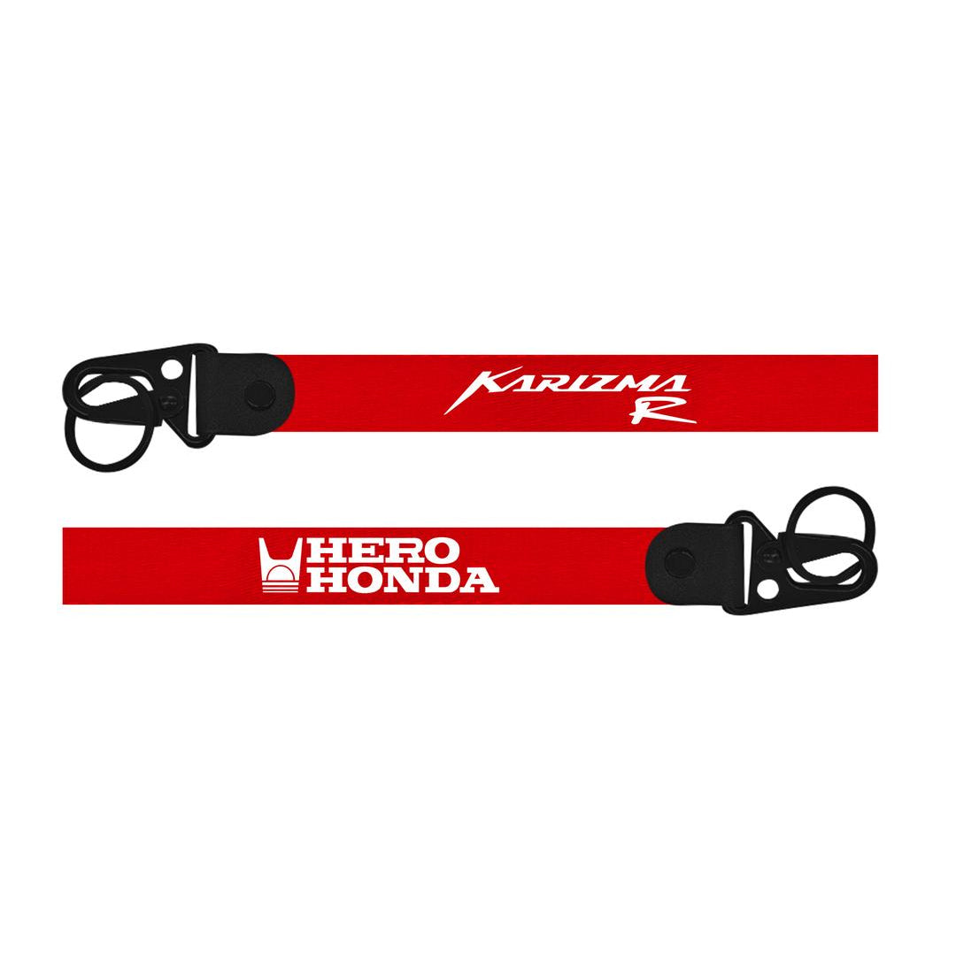 Hero Honda Karizma R Keychain Two red lanyards with black hooks, one featuring 'Hero Honda' and the other 'Kawasaki R'.