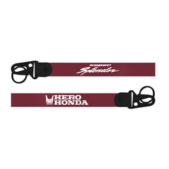 Two red lanyards with black ends featuring 'Super Splendor' and 'Hero Honda' logos on a white background.
