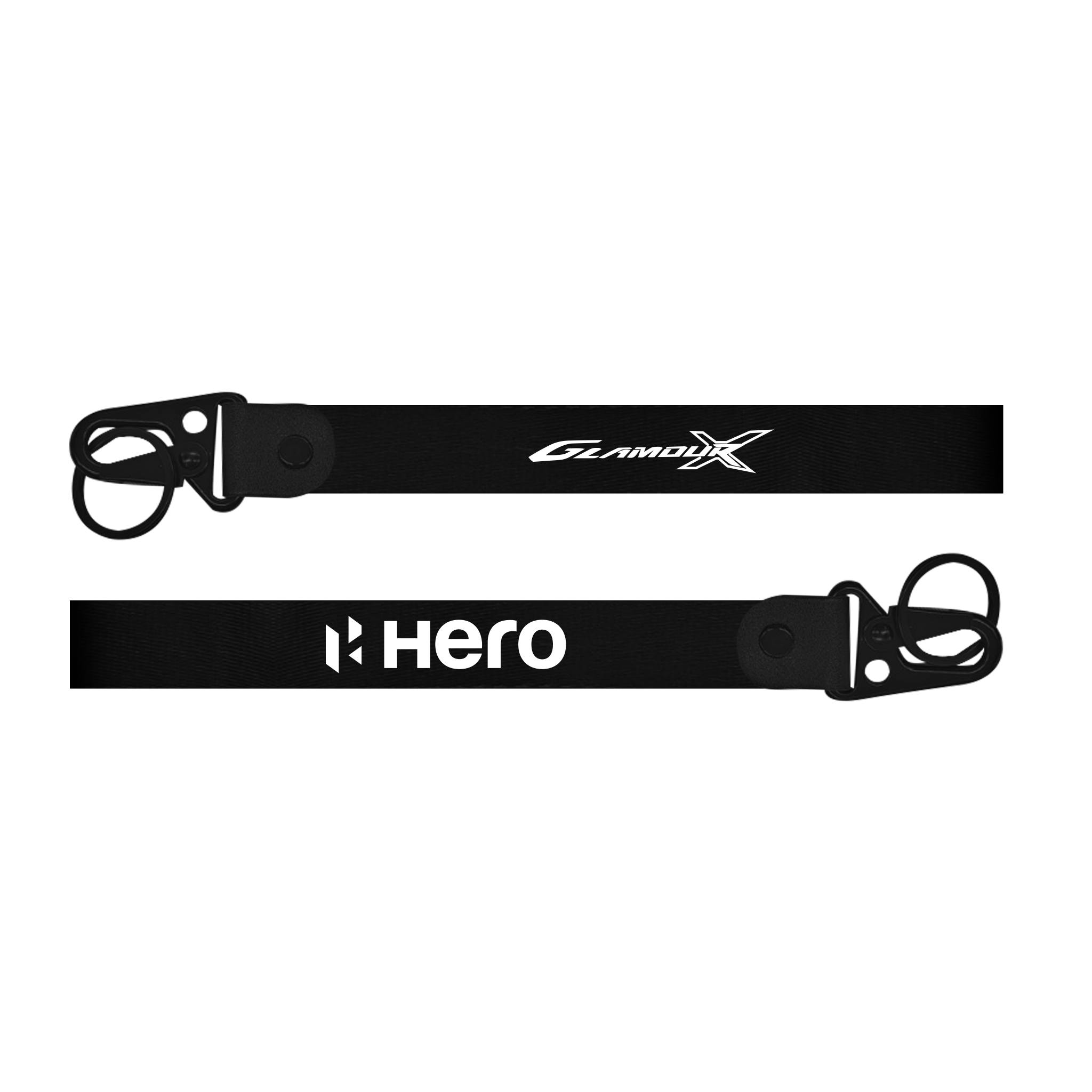 Two black lanyards with 'GlamorX' and 'Hero' branding on a white background