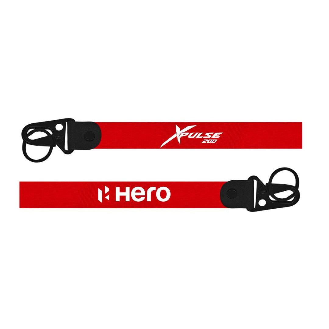 Two red lanyards with black buckles and branding on a white background