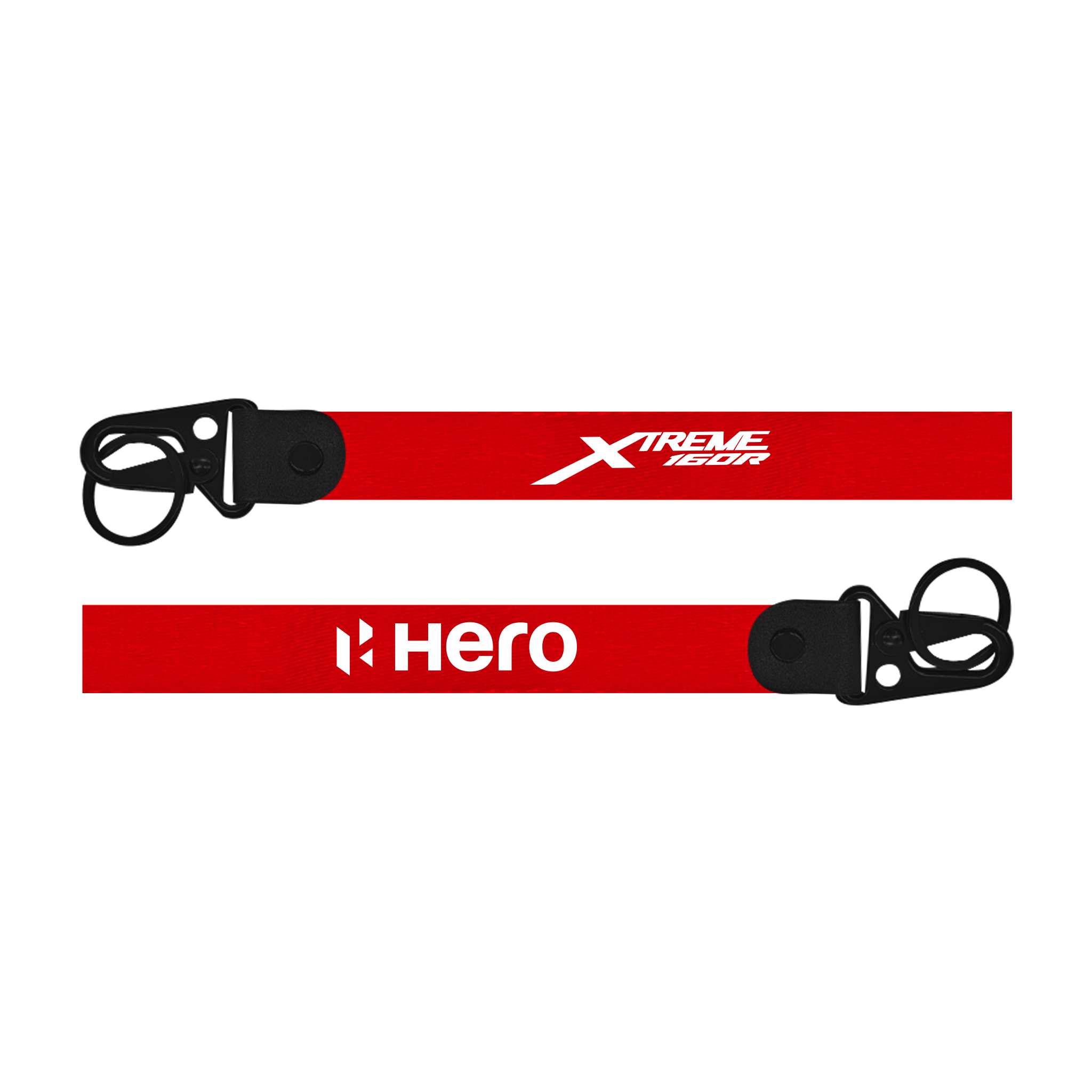 Two red straps keychainwith black buckles and 'Xtreme' and 'Hero' branding on a white background.