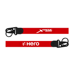 Two red straps keychainwith black buckles and 'Xtreme' and 'Hero' branding on a white background.