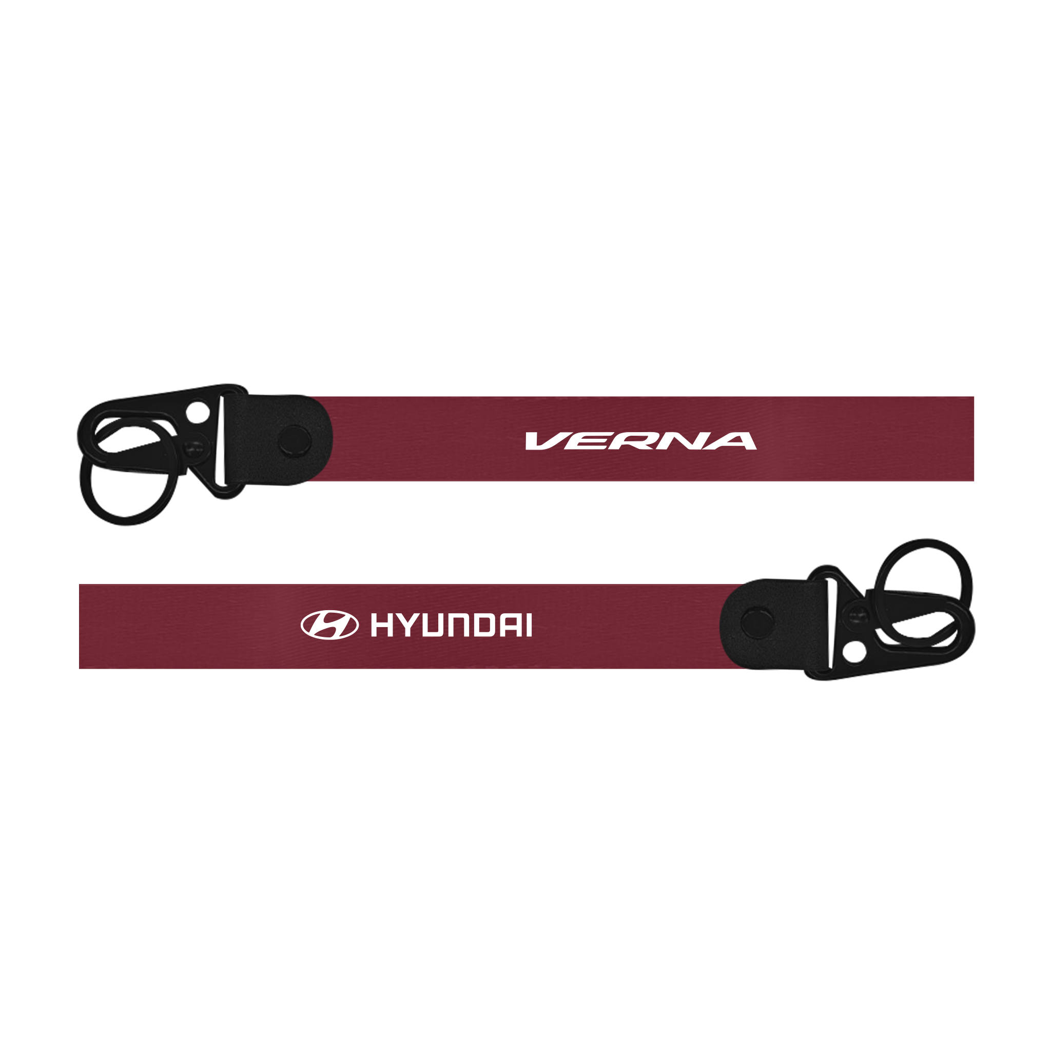 Maroon lanyard with black clip featuring 'Verna' and 'Hyundai' logos on a white background