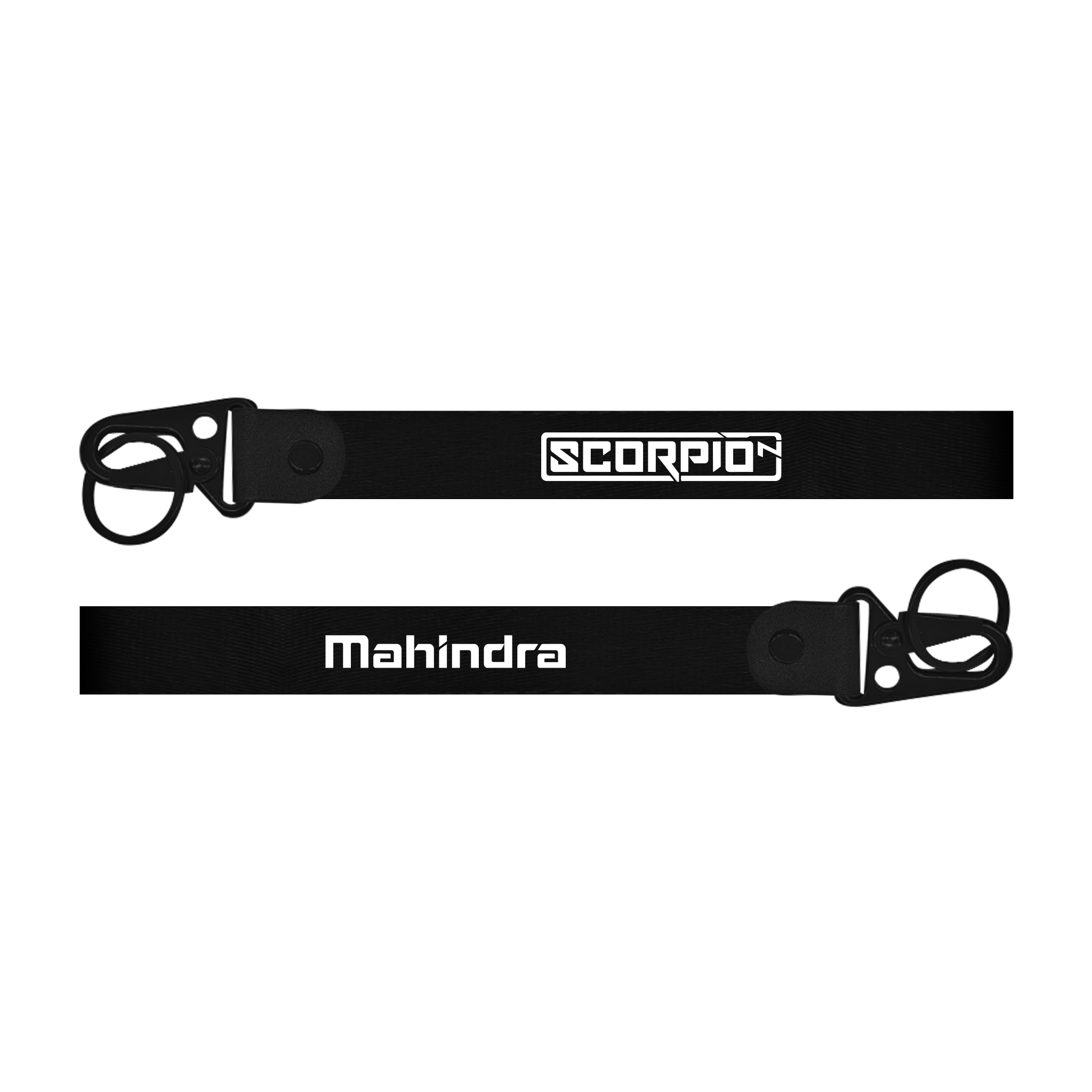 Two black straps with 'Scorpio' and 'Mahindra' branding on a white background