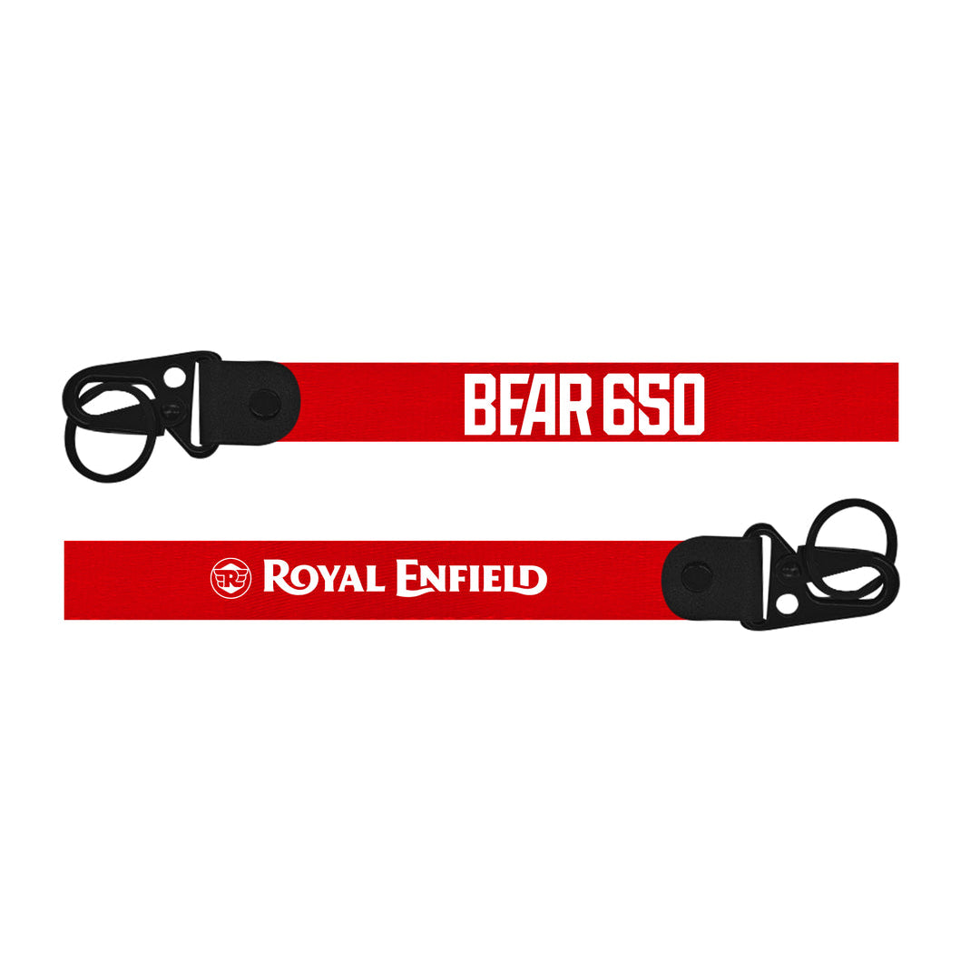 Red lanyard with 'BEAR 650' and 'Royal Enfield' text on a white background