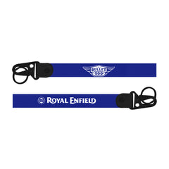 Two blue keychains with black clasp featuring Royal Enfield branding on a white background.
