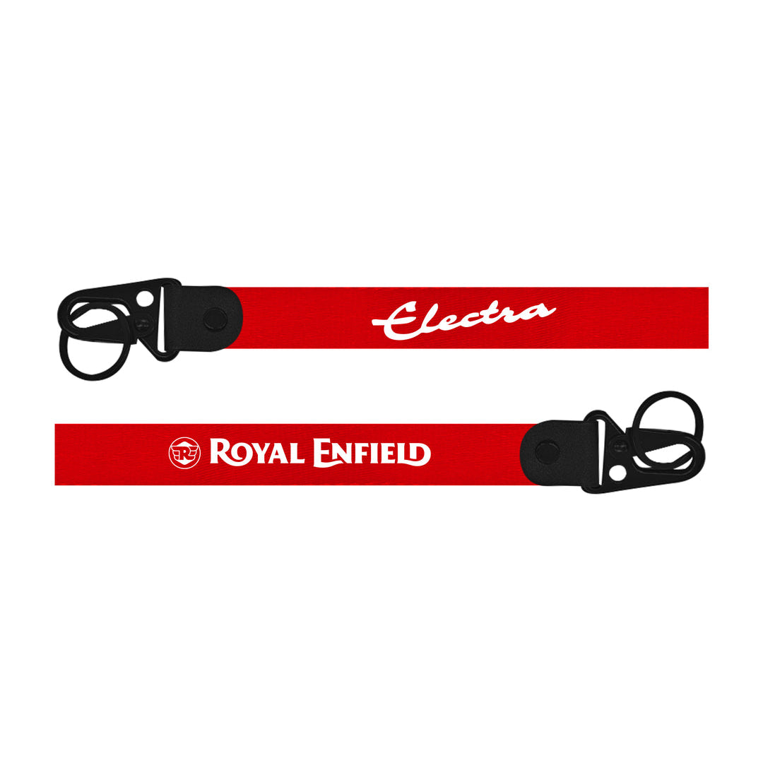 Red lanyard with 'Electra' and 'Royal Enfield' branding on a white background
