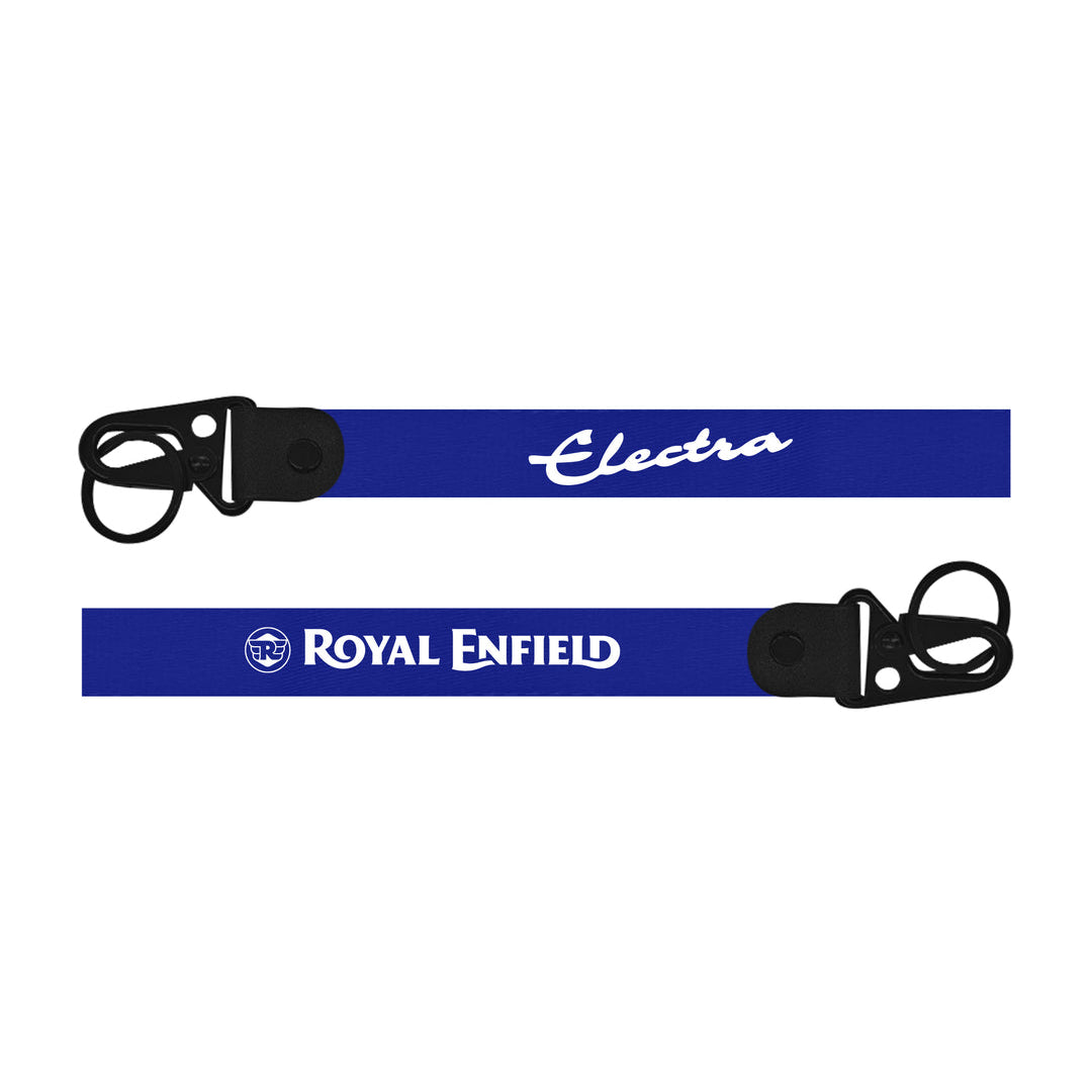 Two blue lanyards with 'Electra' and 'Royal Enfield' branding on a white background
