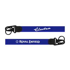 Two blue lanyards with 'Electra' and 'Royal Enfield' branding on a white background