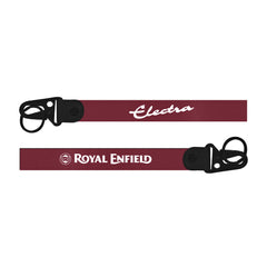 Two maroon lanyards with 'Electra' and 'Royal Enfield' branding on a white background.