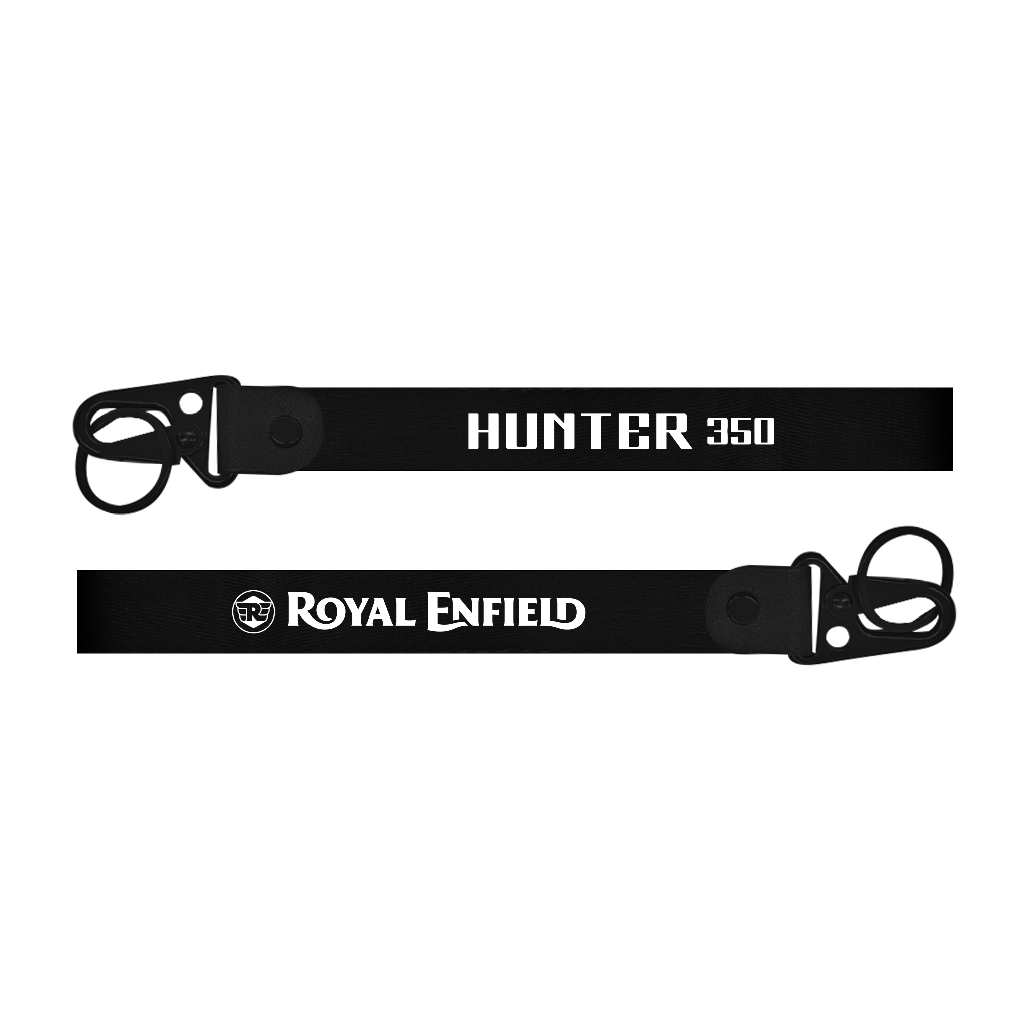 black straps with 'HUNTER 350' and 'Royal Enfield' branding on a white background.