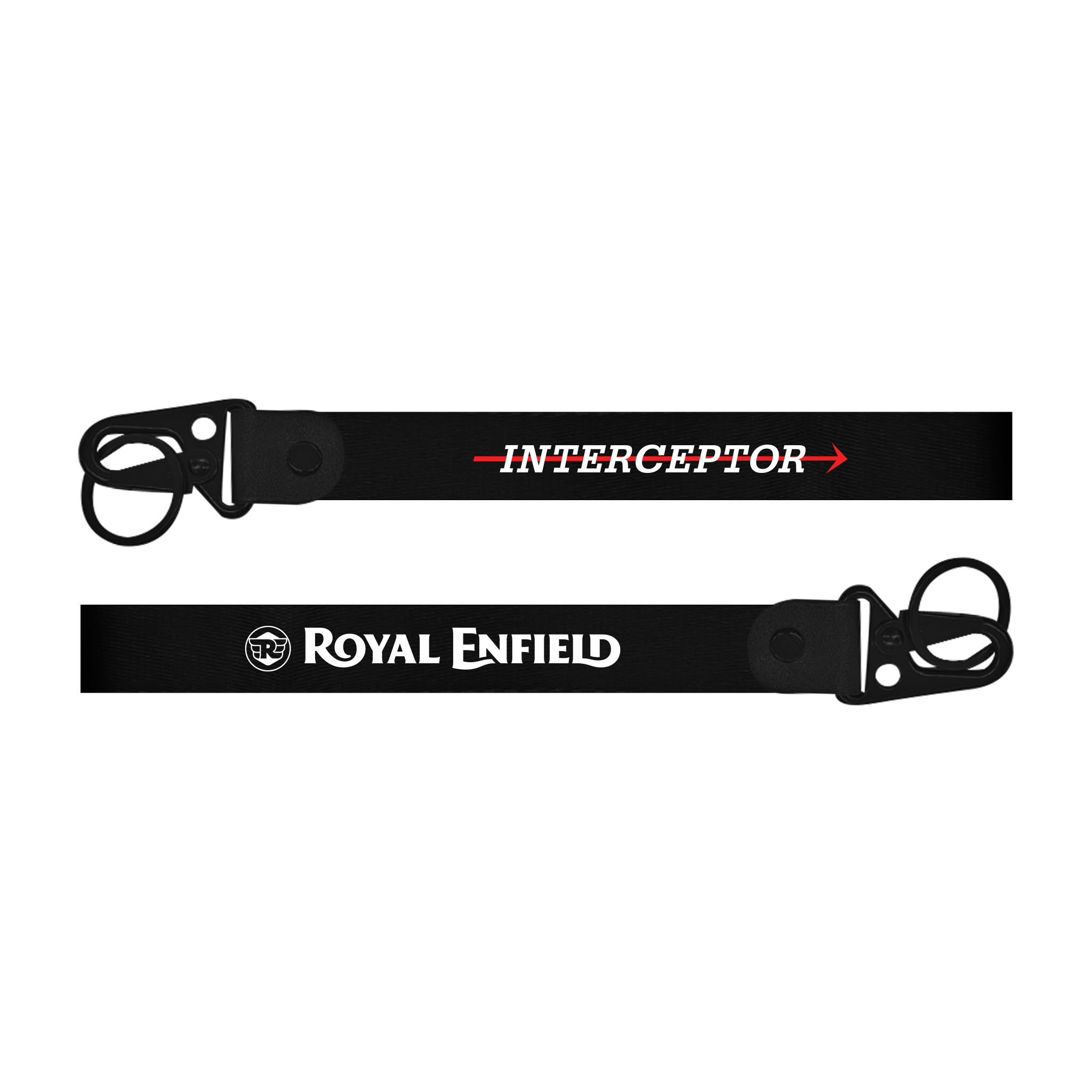 Two black lanyards with 'Interceptor' and 'Royal Enfield' branding on a white background