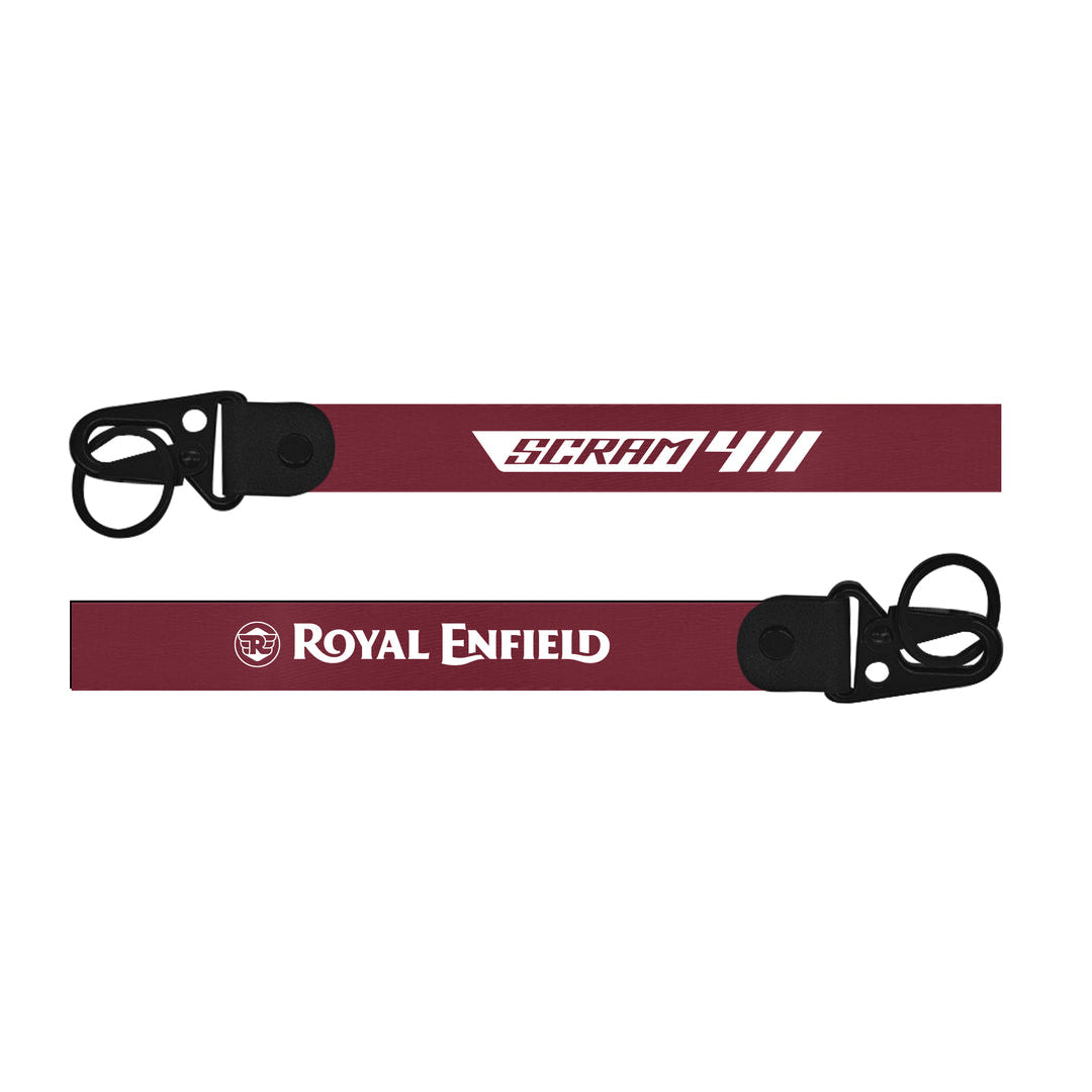 Royal Enfield Scram 411 bike Keychain red Two keychains with 'Scram 411' and 'Royal Enfield' branding on a white background.