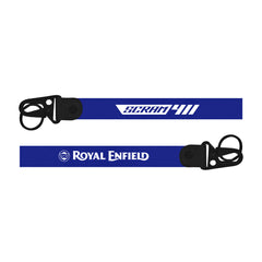 Two blue keychains with 'Scram 411' and 'Royal Enfield' branding on a white background.