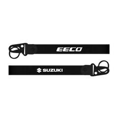 Two black lanyards with 'Eeco' and 'Suzuki' logos on a white background