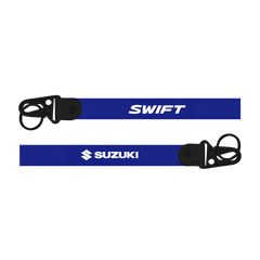 Two blue lanyards with 'Swift' and 'Suzuki' branding on a white background