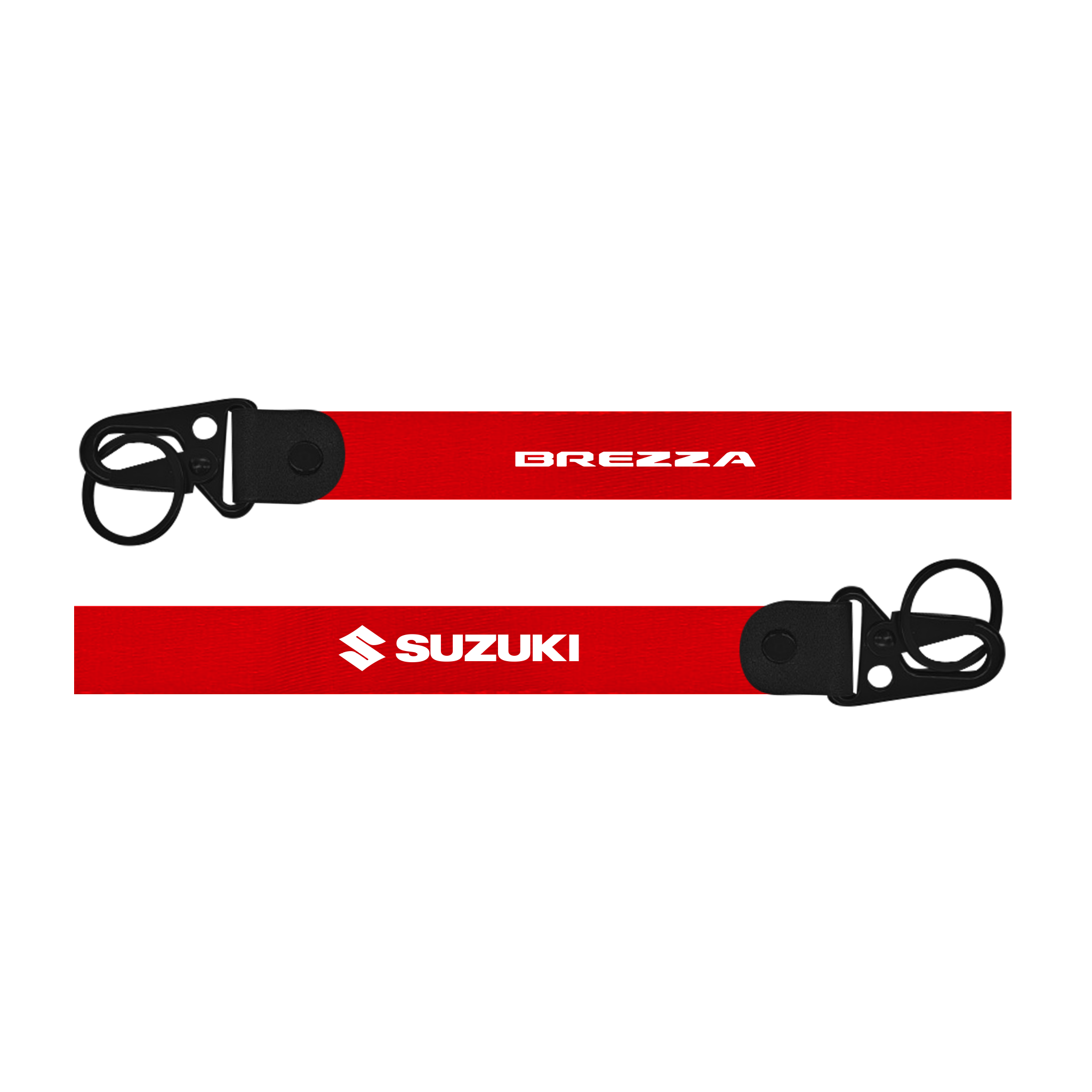 Two red straps with 'Brezza' and 'Suzuki' logos on a white background