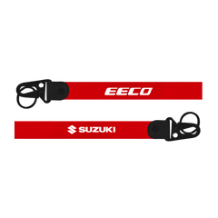 Two red lanyards with 'Eeco' and 'Suzuki' logos on a white background