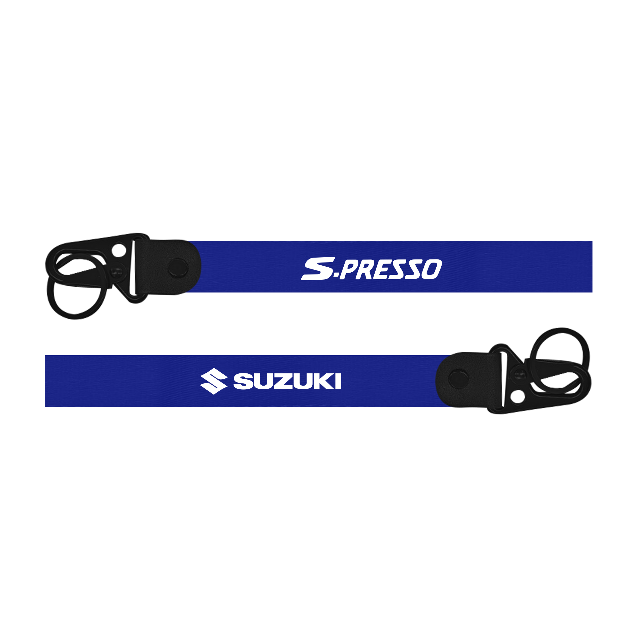 Two blue lanyards with 'S.Presso' and 'Suzuki' logos on a white background