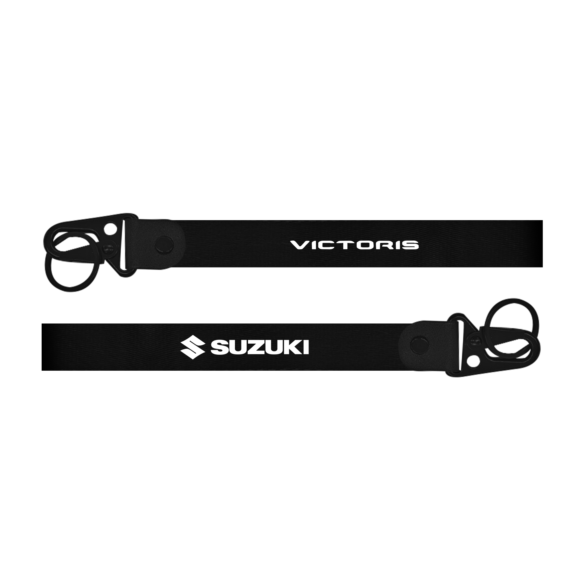 Two black straps with 'Victoris' and 'Suzuki' branding on a white background