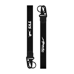 Black lanyard with logos on a white background