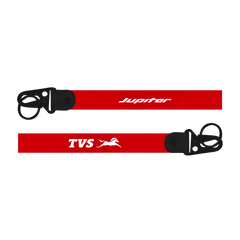Two red lanyards with 'TVS' and 'Jupiter' branding on a white background