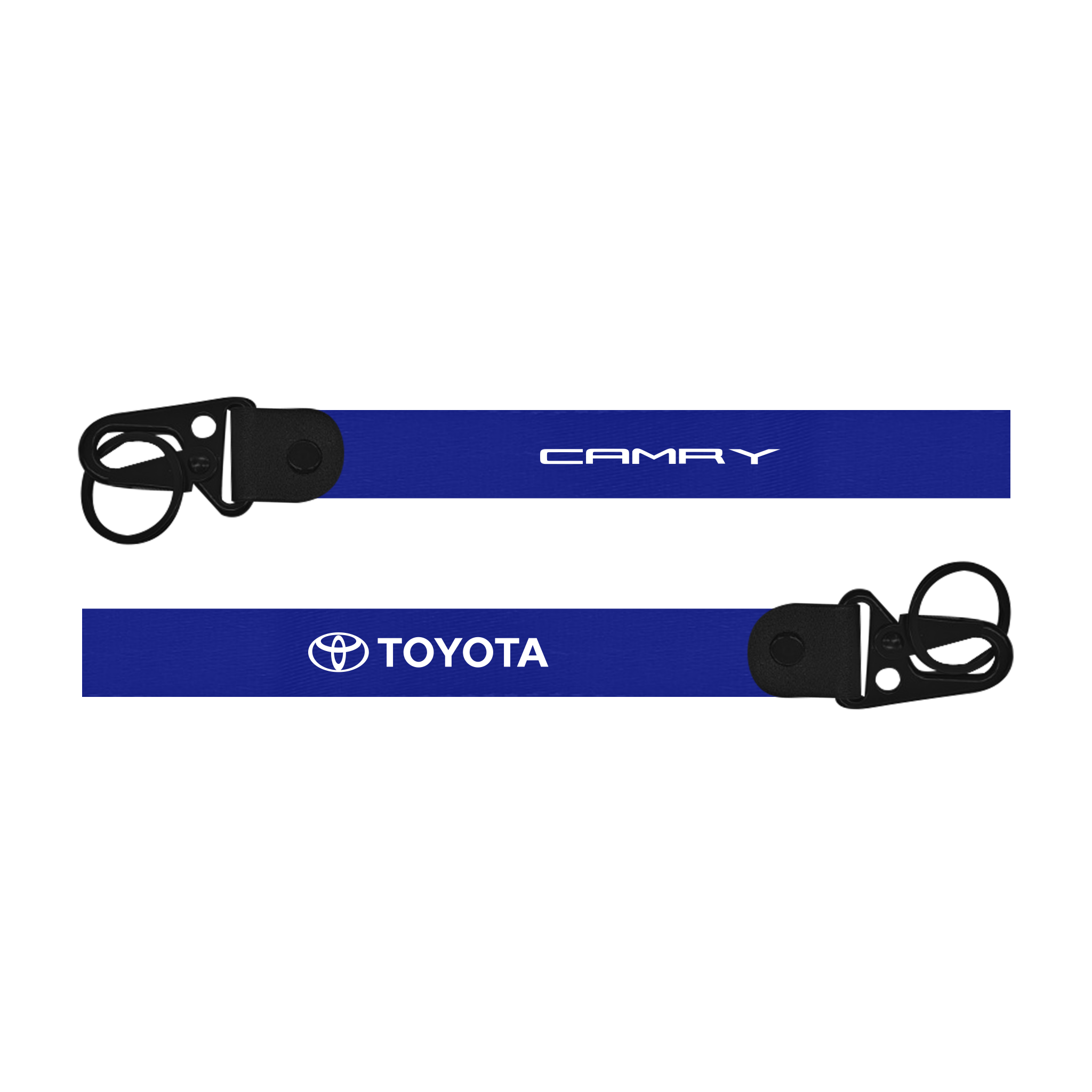 Two blue lanyards with 'Camry' and 'Toyota' branding on a white background
